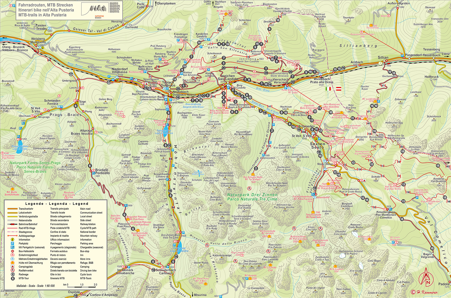 Karte mit allen Radwegen rund um Toblach | Hotel Rosengarten